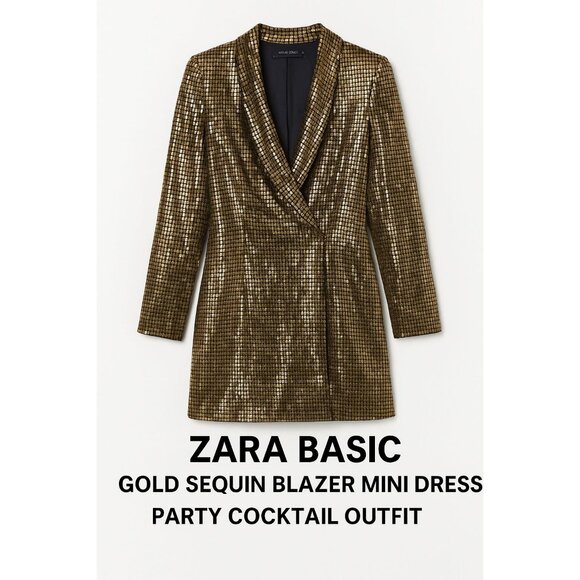 Zara Basic Metallic Gold Sequin Longline Blazer Mini Party Dress Sz XS - Picture 1 of 11